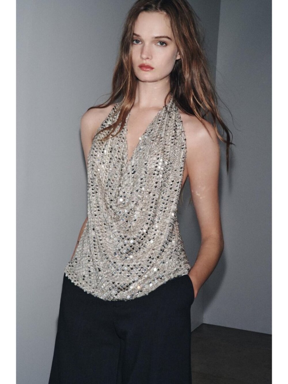 Zara Womens Top Small Silver Sequin Halter Neck Open Back Blouse 7521/245 NWT